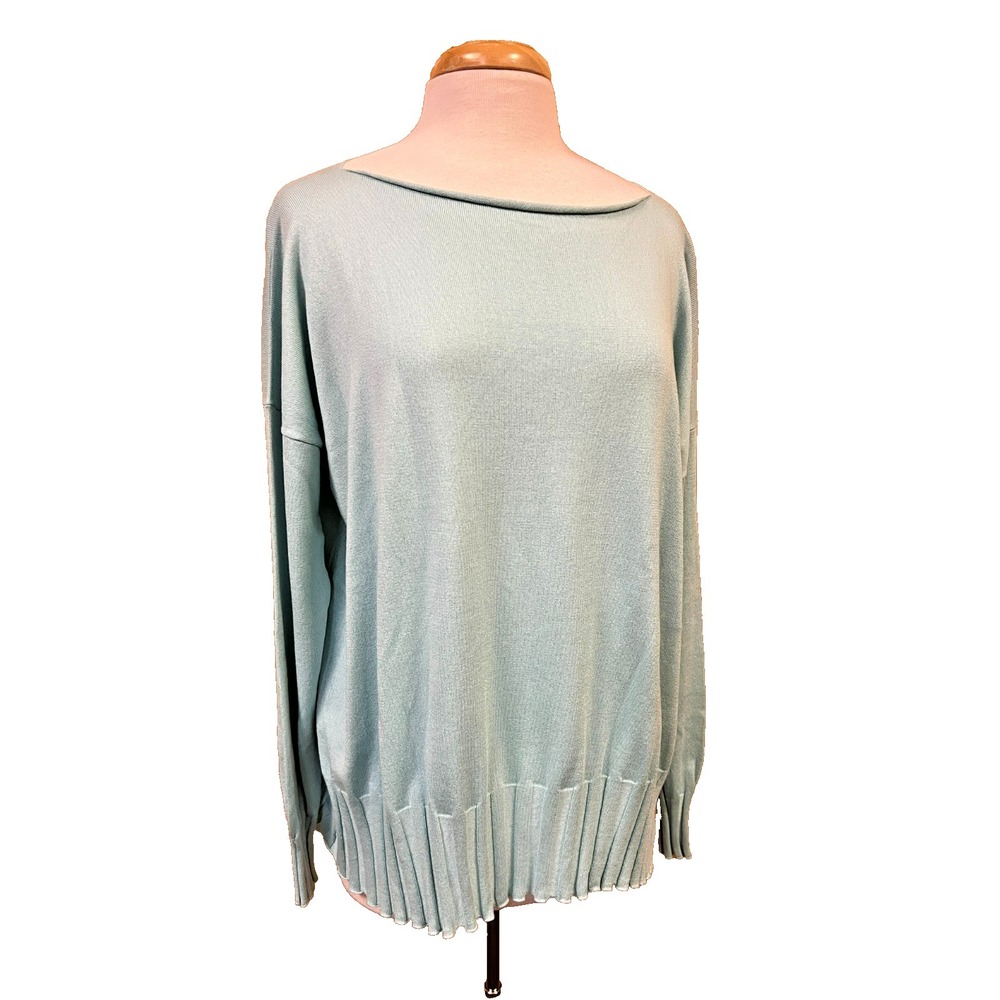 PLANET Boxy‎ Top Blue Cotton Blend Boat Neck Long Sleeve Wide Rib Bands SZ OS